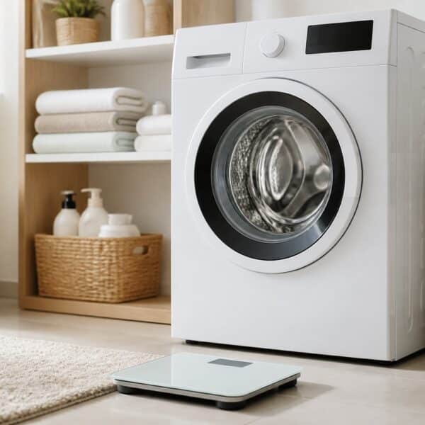 Máquina de lavar roupa branca em uma lavanderia organizada com uma balança digital no chão ao lado.