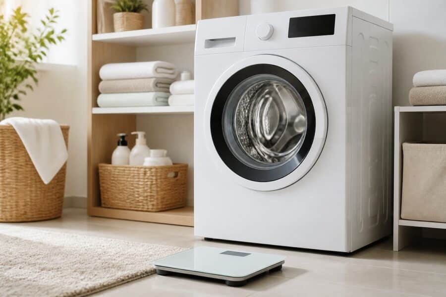 Máquina de lavar roupa branca em uma lavanderia organizada com uma balança digital no chão ao lado.