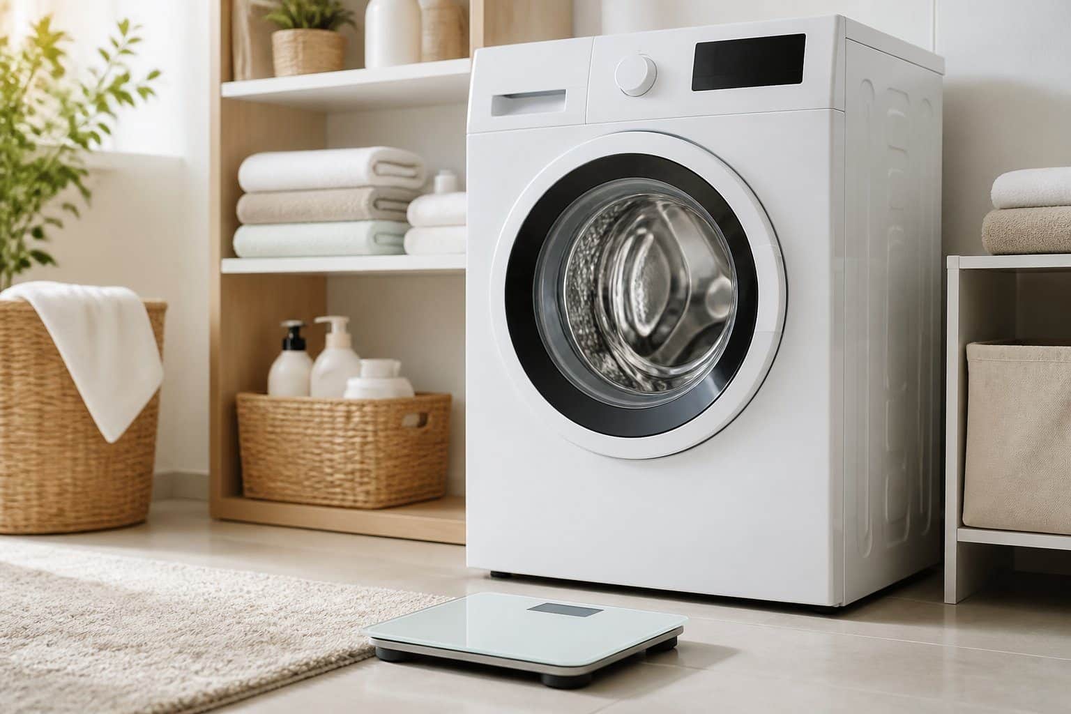 Máquina de lavar roupa branca em uma lavanderia organizada com uma balança digital no chão ao lado.