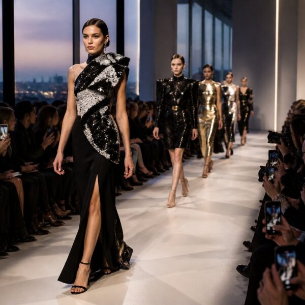 Modelos desfilando em uma passarela durante um evento de moda em Paris, com público assistindo e a Torre Eiffel ao fundo.