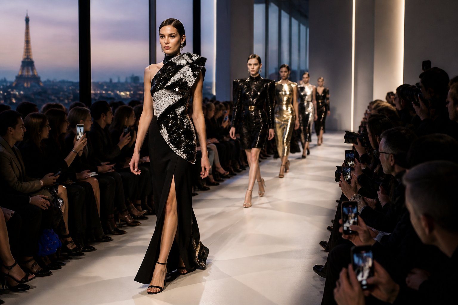 Modelos desfilando em uma passarela durante um evento de moda em Paris, com público assistindo e a Torre Eiffel ao fundo.