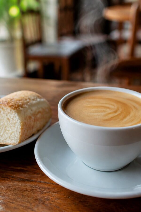 Uma xícara de café com leite fumegante sobre uma mesa de madeira em um café aconchegante, com pão ao lado e ambiente interno desfocado ao fundo.