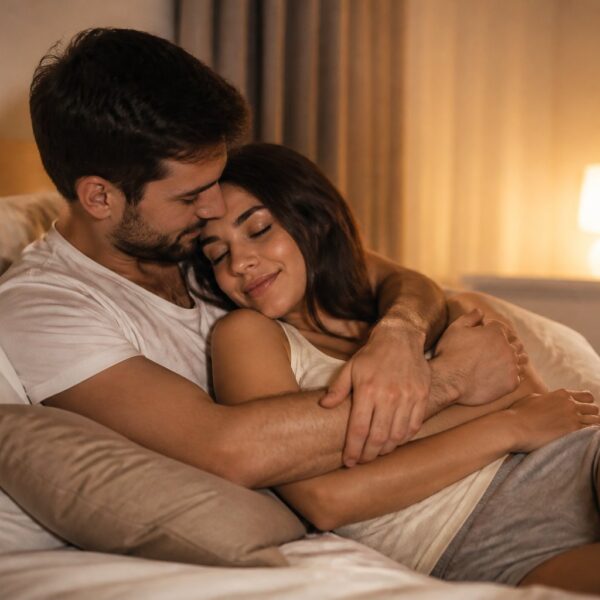 Um casal abraçado em um quarto aconchegante, transmitindo intimidade e carinho.