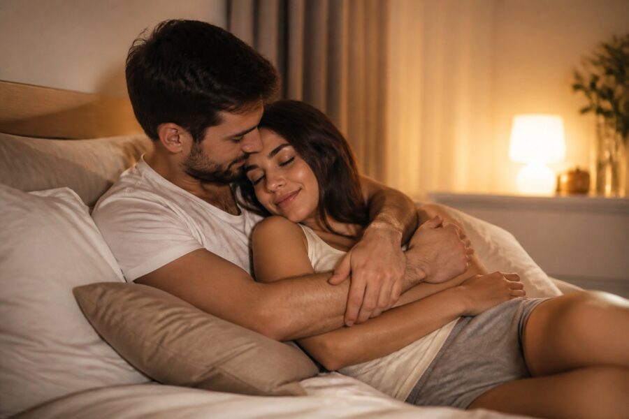 Um casal abraçado em um quarto aconchegante, transmitindo intimidade e carinho.