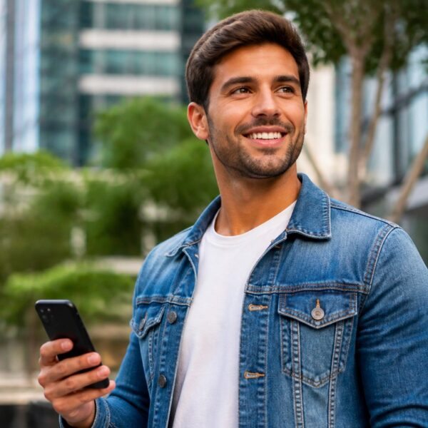 Homem jovem sorridente segurando um smartphone em ambiente urbano ao ar livre.