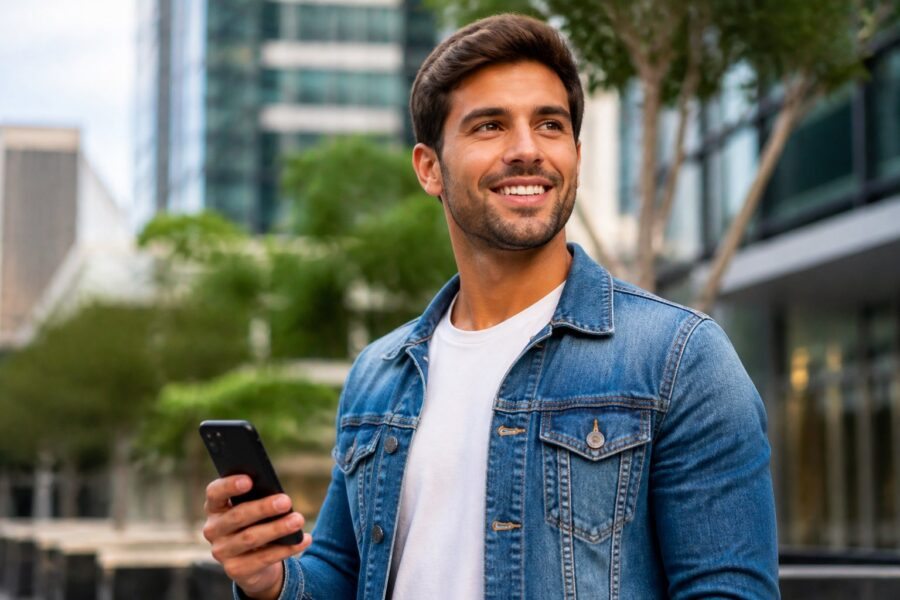 Homem jovem sorridente segurando um smartphone em ambiente urbano ao ar livre.