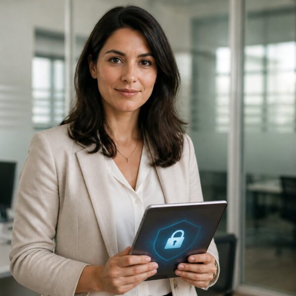 Mulher confiante em um escritório moderno segurando um tablet com um ícone de cadeado, simbolizando privacidade e segurança.