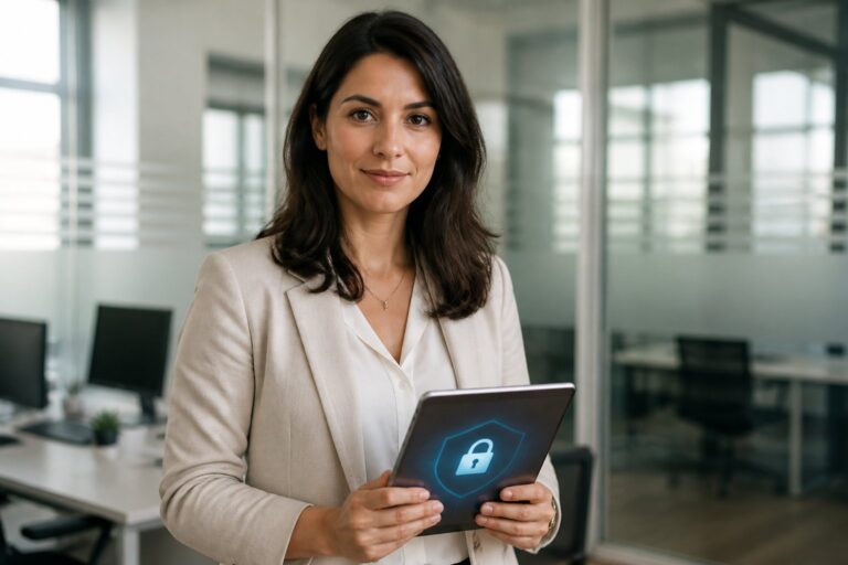 Mulher confiante em um escritório moderno segurando um tablet com um ícone de cadeado, simbolizando privacidade e segurança.