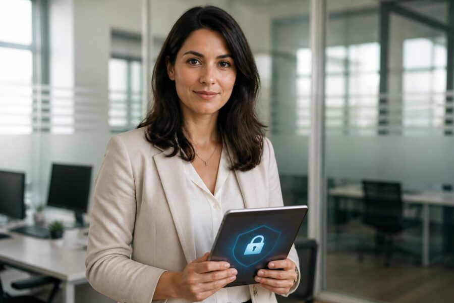 Mulher confiante em um escritório moderno segurando um tablet com um ícone de cadeado, simbolizando privacidade e segurança.