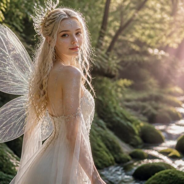 Uma fada branca de pé em uma floresta encantada, com asas translúcidas e vestido branco, cercada por folhagens verdes e luz suave.