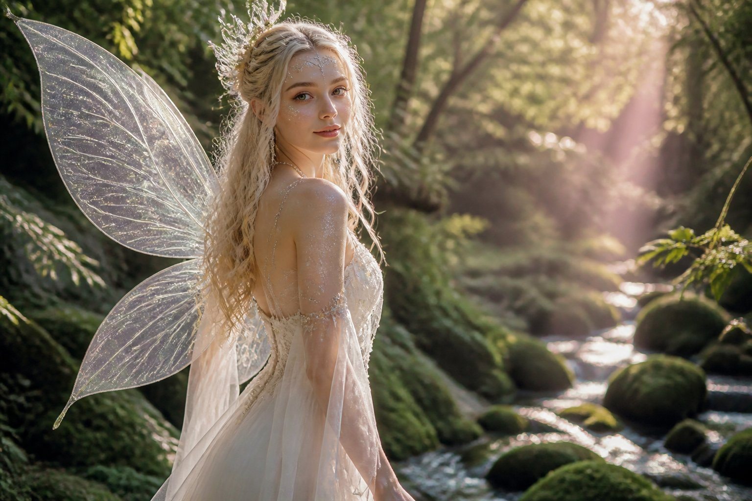 Uma fada branca de pé em uma floresta encantada, com asas translúcidas e vestido branco, cercada por folhagens verdes e luz suave.