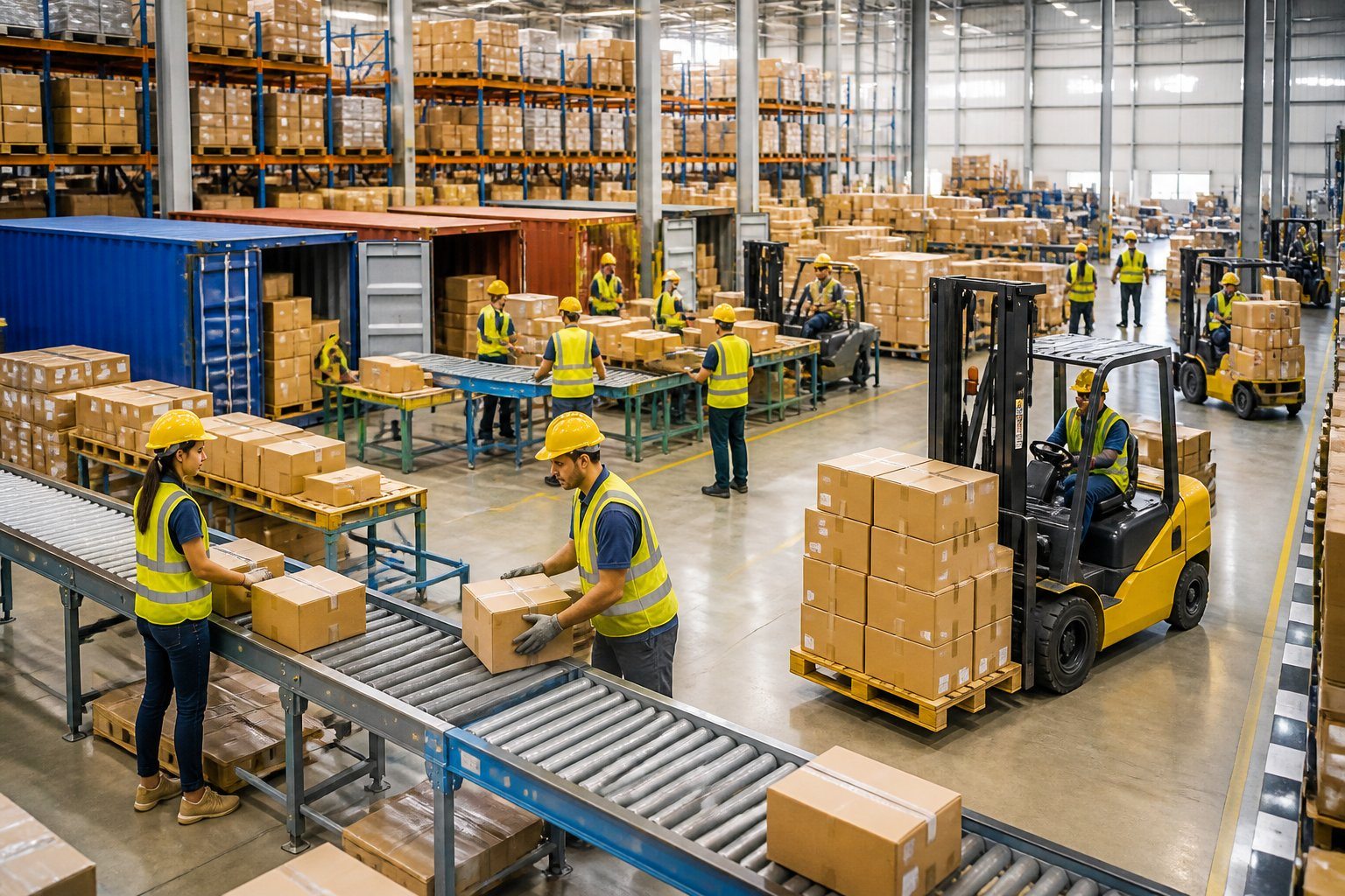 Funcionários trabalhando em um centro logístico movimentado com caixas e equipamentos de transporte.