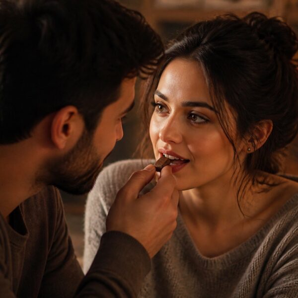 Casal compartilhando um momento íntimo enquanto um alimenta o outro com um doce, expressando carinho e reflexão.