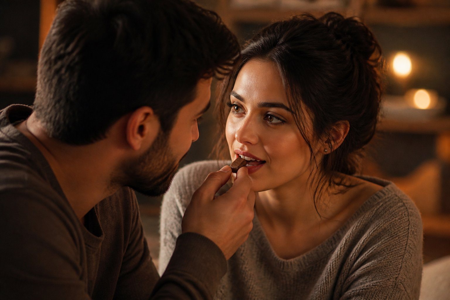 Casal compartilhando um momento íntimo enquanto um alimenta o outro com um doce, expressando carinho e reflexão.