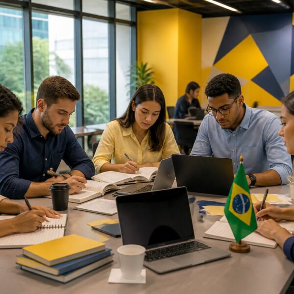 Grupo de jovens estudando juntos em uma sala moderna, preparando-se para um concurso, com elementos sutis que remetem ao Brasil.