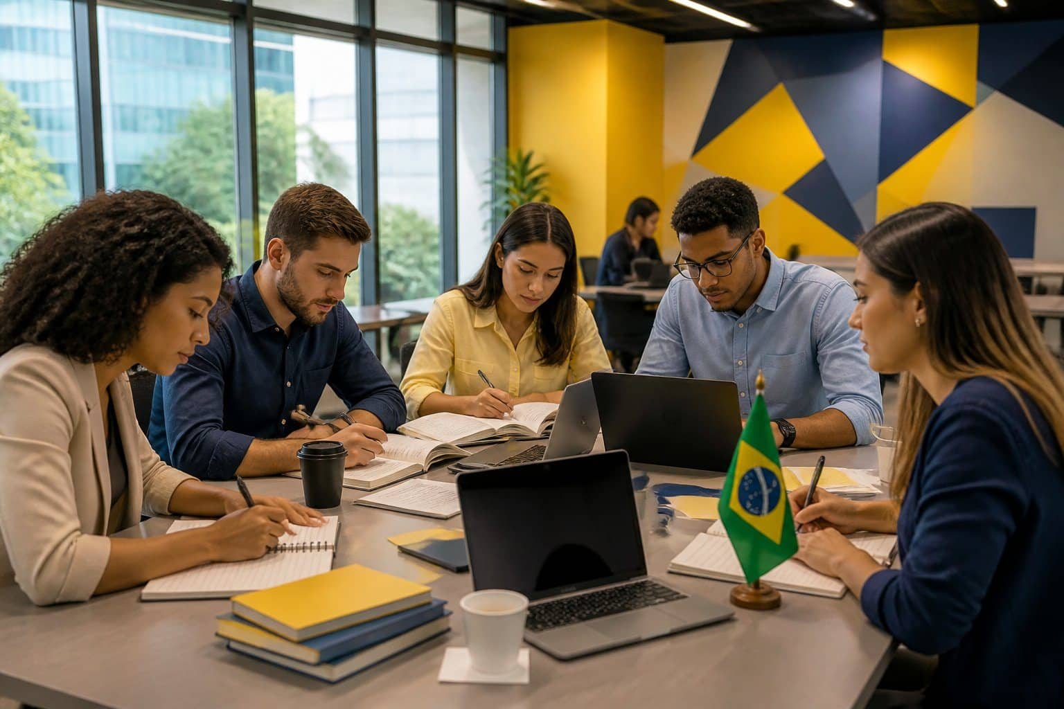 Grupo de jovens estudando juntos em uma sala moderna, preparando-se para um concurso, com elementos sutis que remetem ao Brasil.