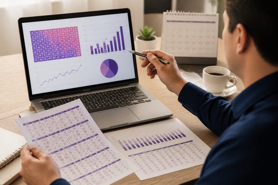 Pessoa analisando gráficos e números da Lotofácil em uma mesa organizada com laptop e papéis.
