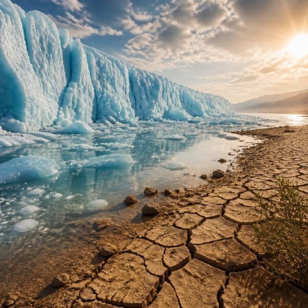 Glaciar derretendo com água ao redor, sol brilhando forte e terra seca rachada ao lado, mostrando os efeitos do aquecimento global.