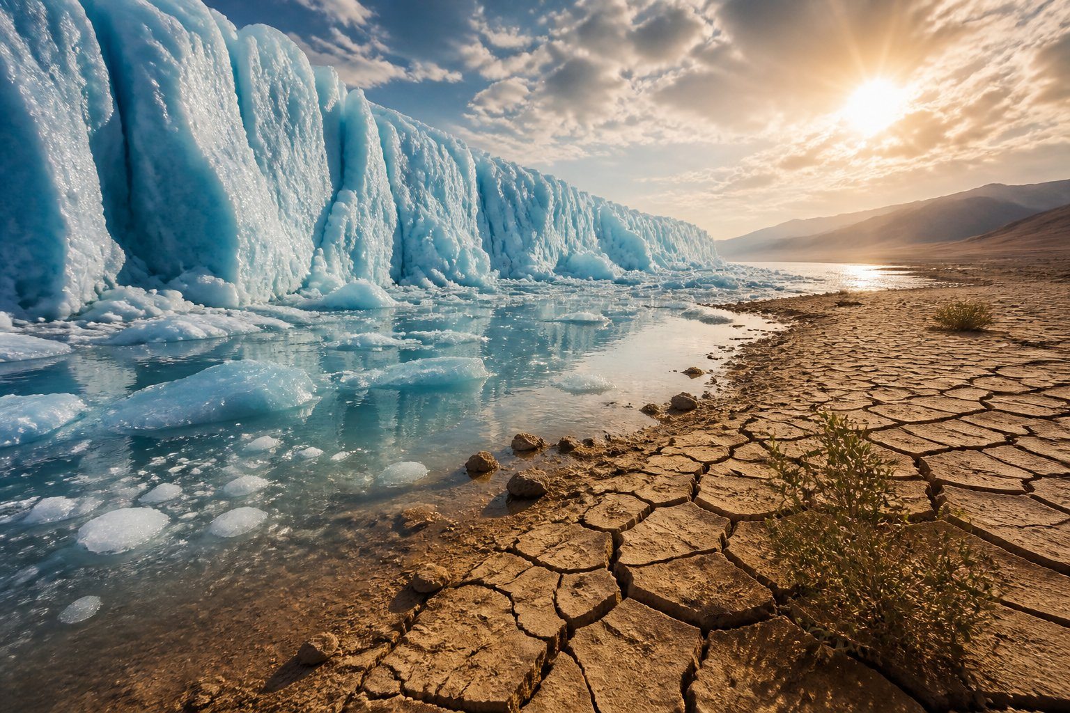 Glaciar derretendo com água ao redor, sol brilhando forte e terra seca rachada ao lado, mostrando os efeitos do aquecimento global.